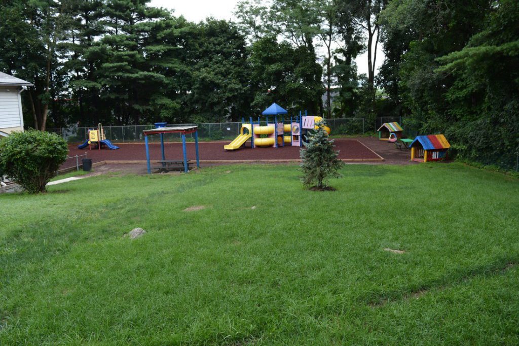 Playground and a grassy lawn at the backyard