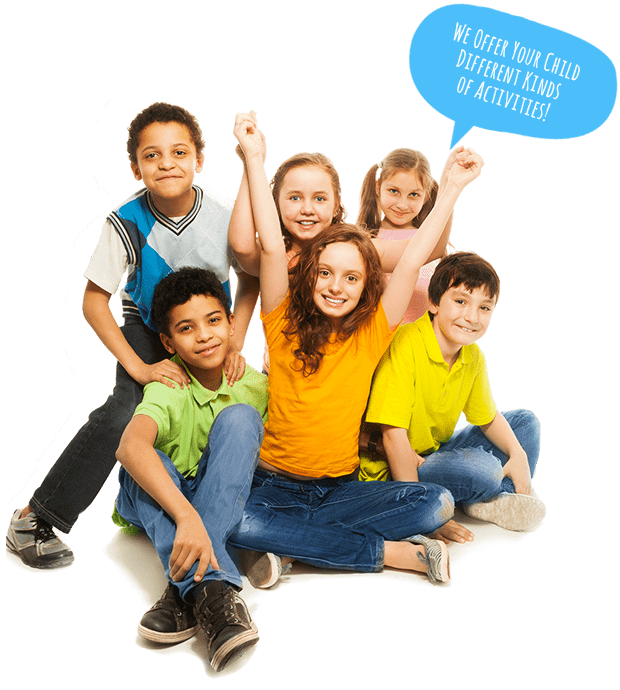 A diverse group of cheerful children poses together with raised fists, while a speech bubble announces "We offer your child different kinds of activities!"
